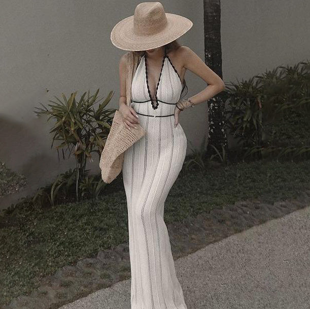 Women's Sexy Summer V-Neck Halter Backless Knitted Dress