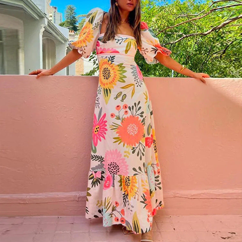 Women's Casual Summer Printed Puff Sleeve Tight Waist Dress