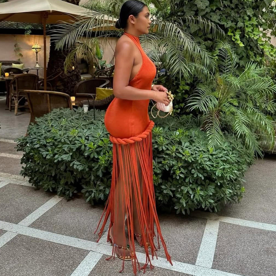 Women's Sexy Solid Color Halter-Neck Backless Tassel Dress