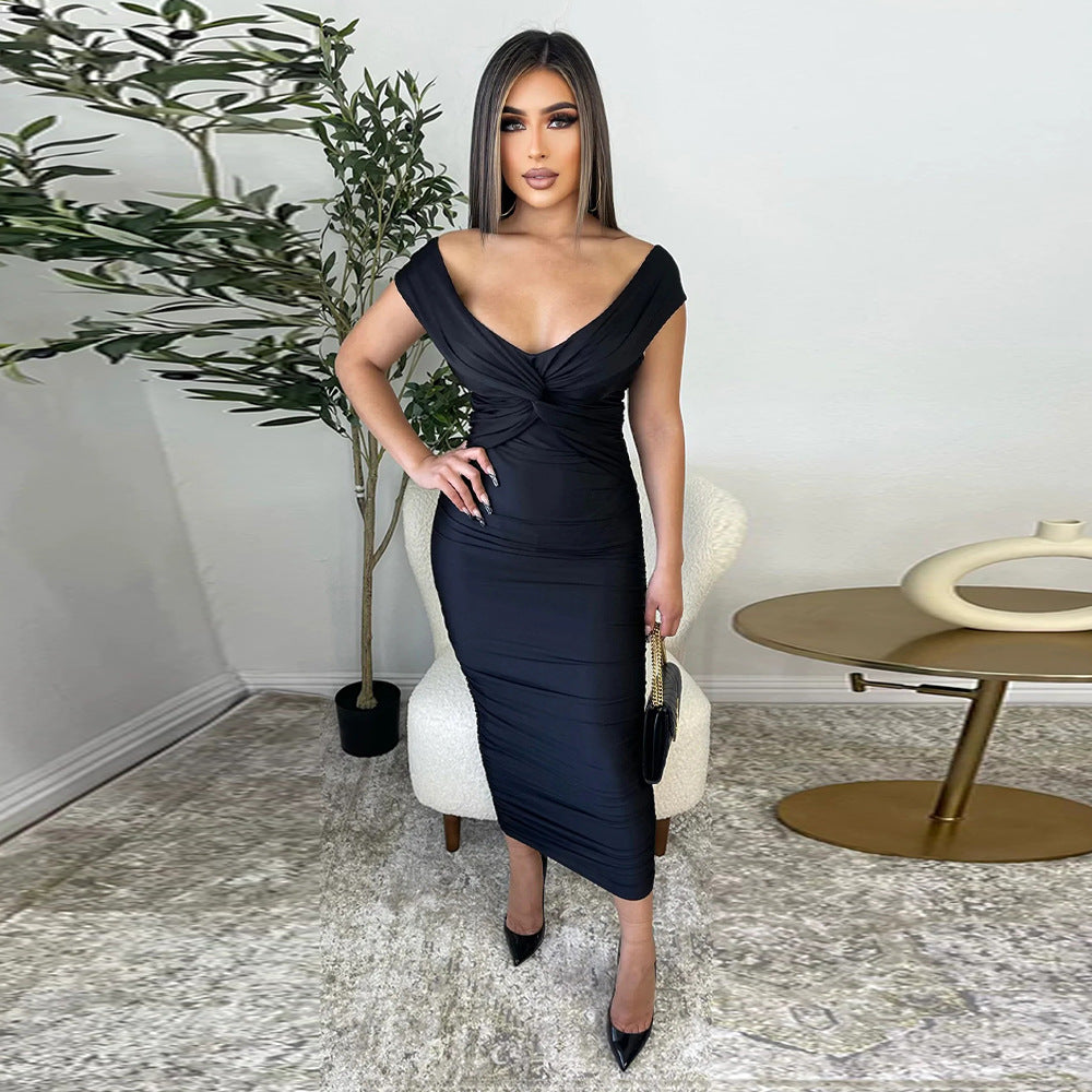 Women's Sexy Solid Color V-Neck Pleated Dress
