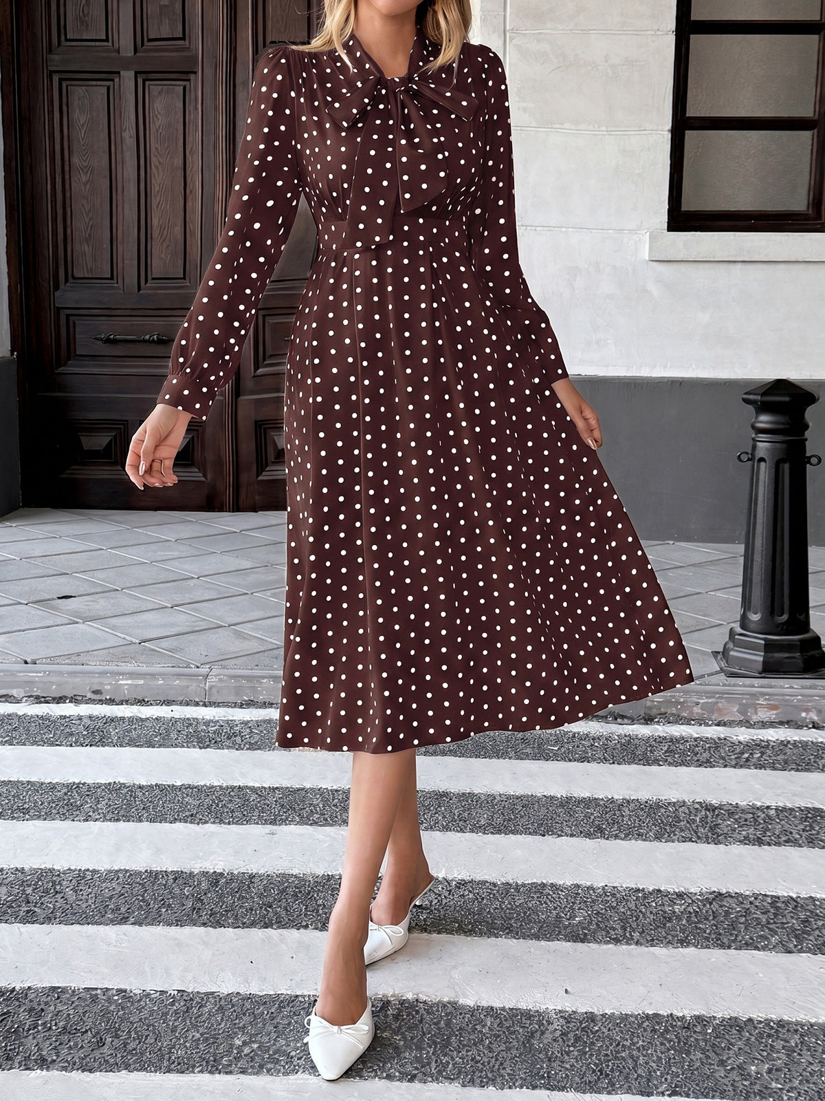 Women's Casual Elegant Polka Dot Print Bowknot Long Sleeve Tight Waist Dress