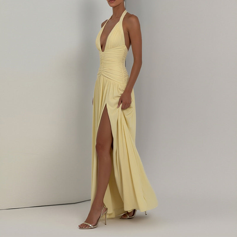 Women's Summer Solid Color V-Neck Halter-Neck Pleated Split Fit A-Line Dress