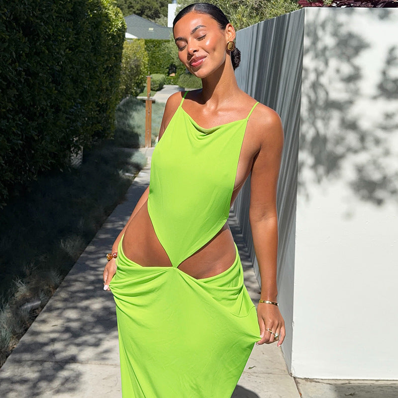 Women's Solid Color Sleeveless Strap Hollow-Out Backless Pleated Fit Dress