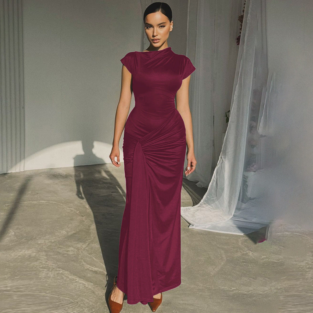 Women's Elegant Summer Solid Color Short Sleeve Slim Fit Pleated Lace-Up Dress