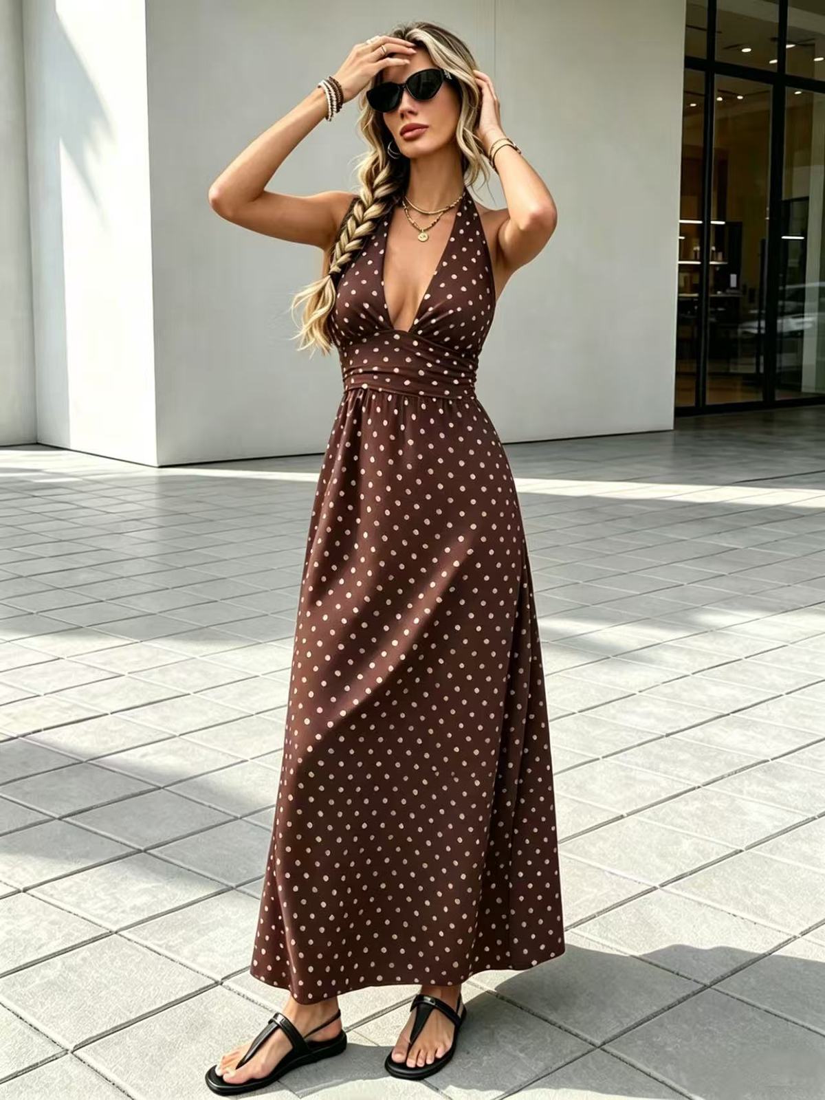 Women's Sexy Summer Polka Dots Printed Halter-Neck Lace-Up Dress