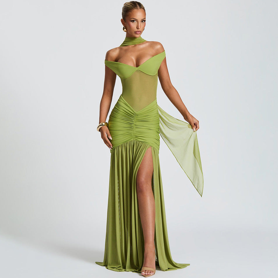 Women's Sexy Mesh Off-Shoulder Backless Long Dress, with V-Neck