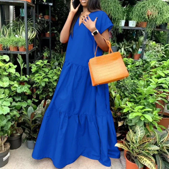 Women's Casual Solid Color V-Neck Short Sleeve Maxi Dress