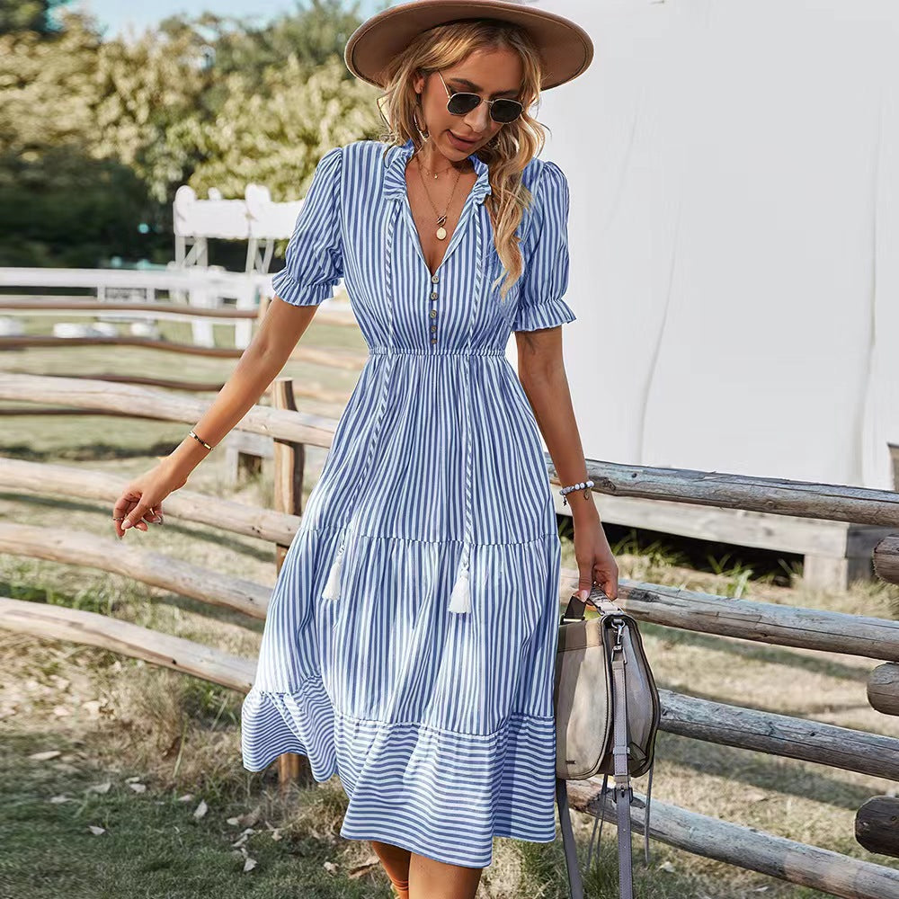 Women's Casual Stripe V-Neck Lantern Sleeve Elastic Waist Midi Dress