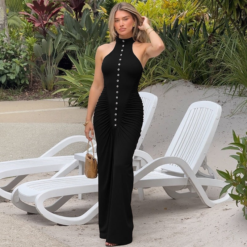 Women's Solid Color Round Neck Sleeveless Button Slim-Fit Pleated Maxi Dress