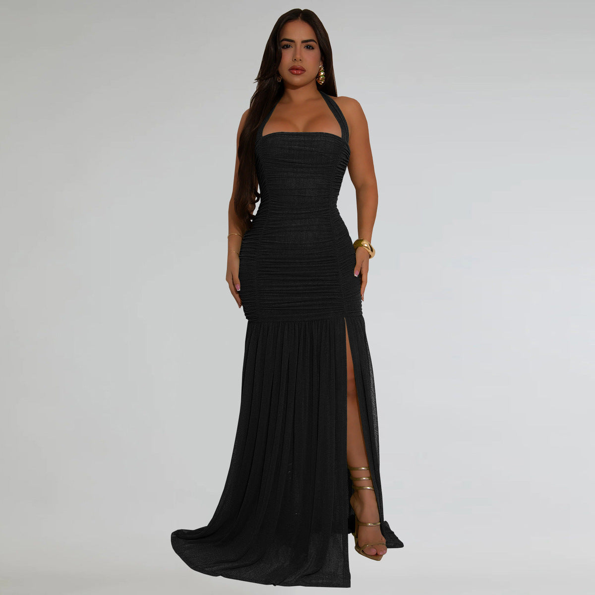 Women's Sexy Solid Color Pleated Mesh Halter-Neck Backless Split Maxi Dress