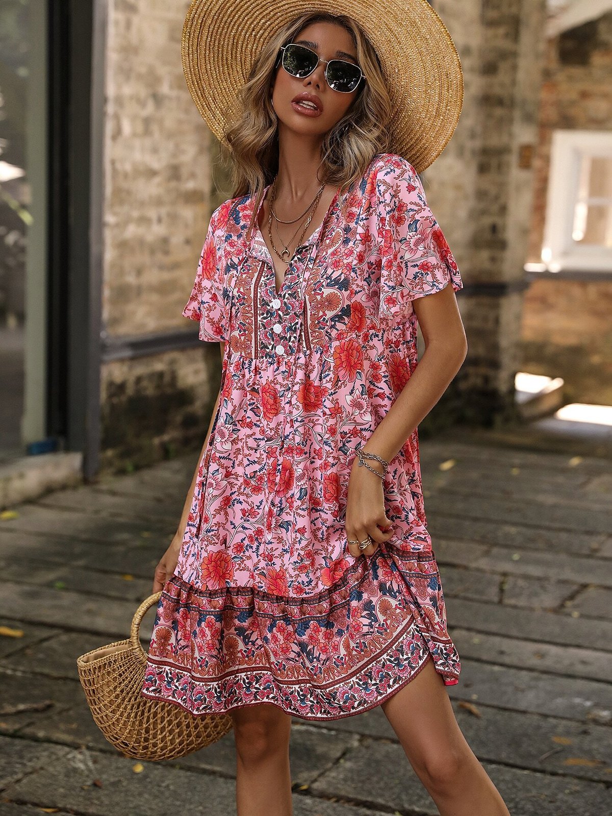 Women's Casual Vacation Flower Printed V-Neck Short Sleeve Loose Dress
