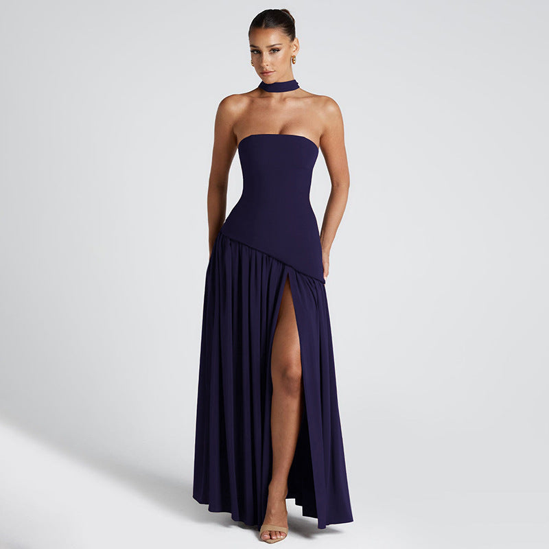 Women's Elegant Sexy Solid Color Tube Top Long Strap Split Backless Maxi Dress