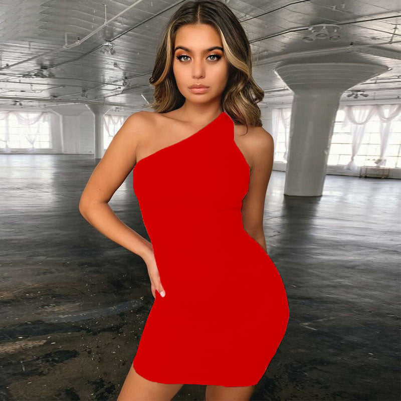 Women's Edgy Basic Summer Solid Color Oblique Shoulder Sleeveless Bodycon Dress