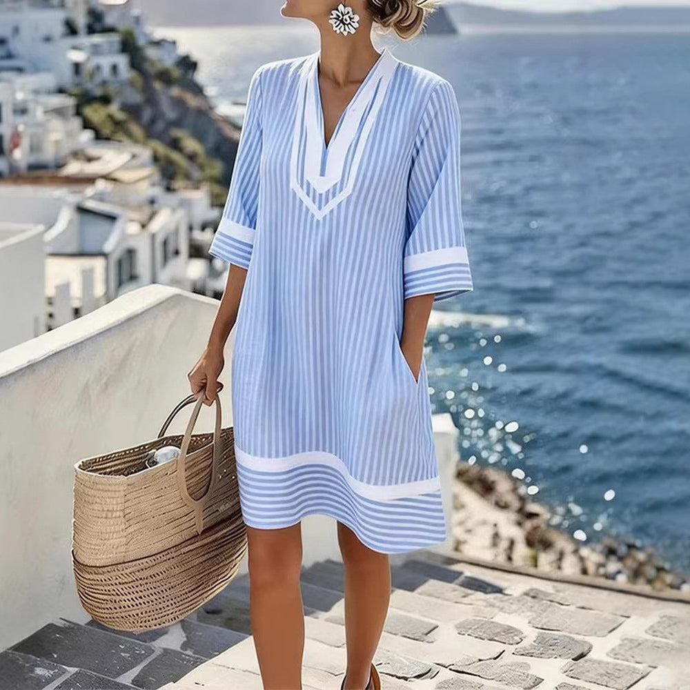 Women's Casual Vacation Printed V-Neck Short Sleeve Loose Dress