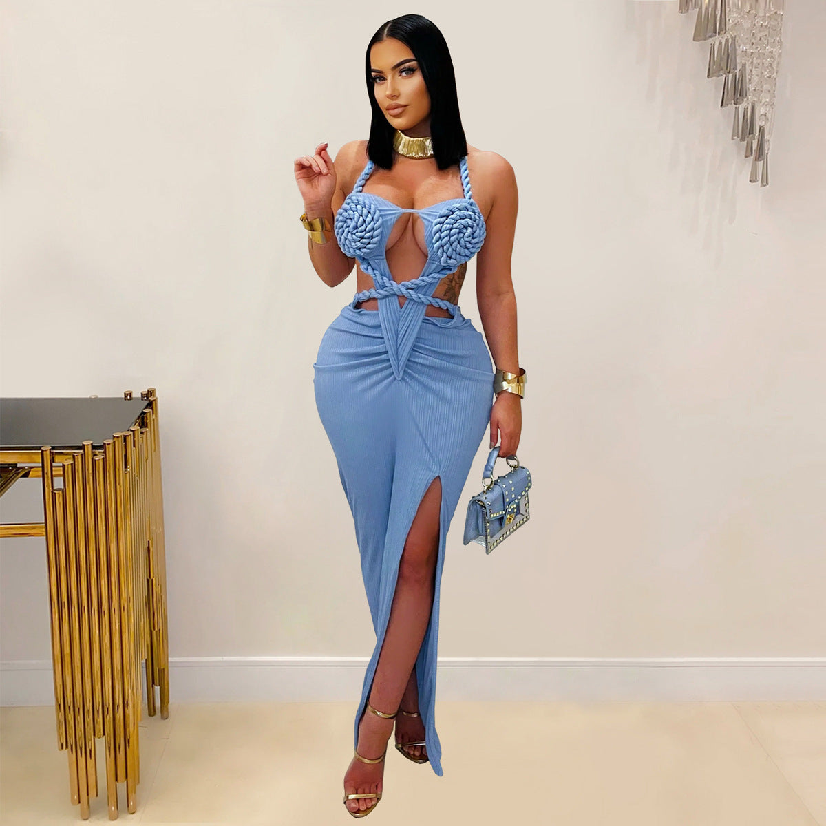 Women's Sexy Hollow-Out Halter-Neck Backless Maxi Dress