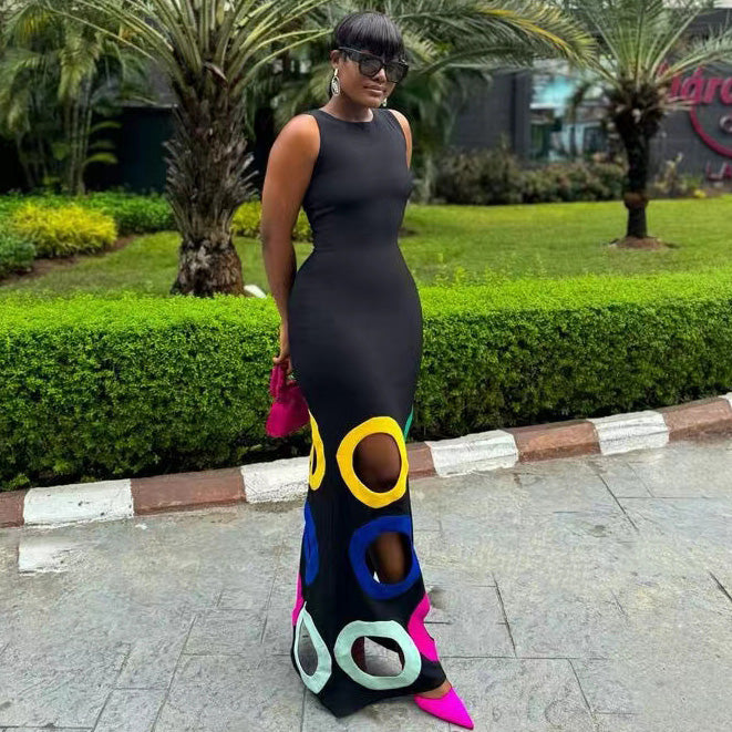 Women's Sexy Round Neck Sleeveless Hollow-Out Slim Fit Maxi Dress
