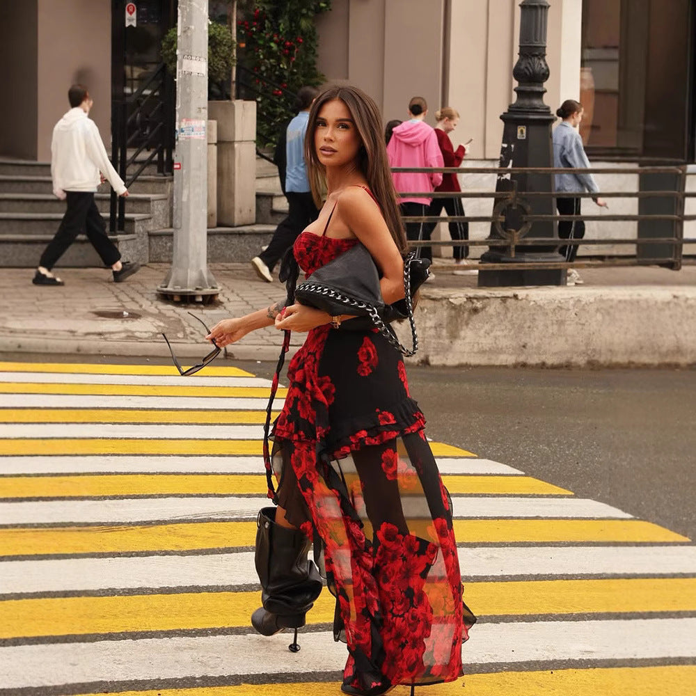 Women's Sexy Summer Irregular Rose Print Mesh Spaghetti Strap Slim Fit Dress