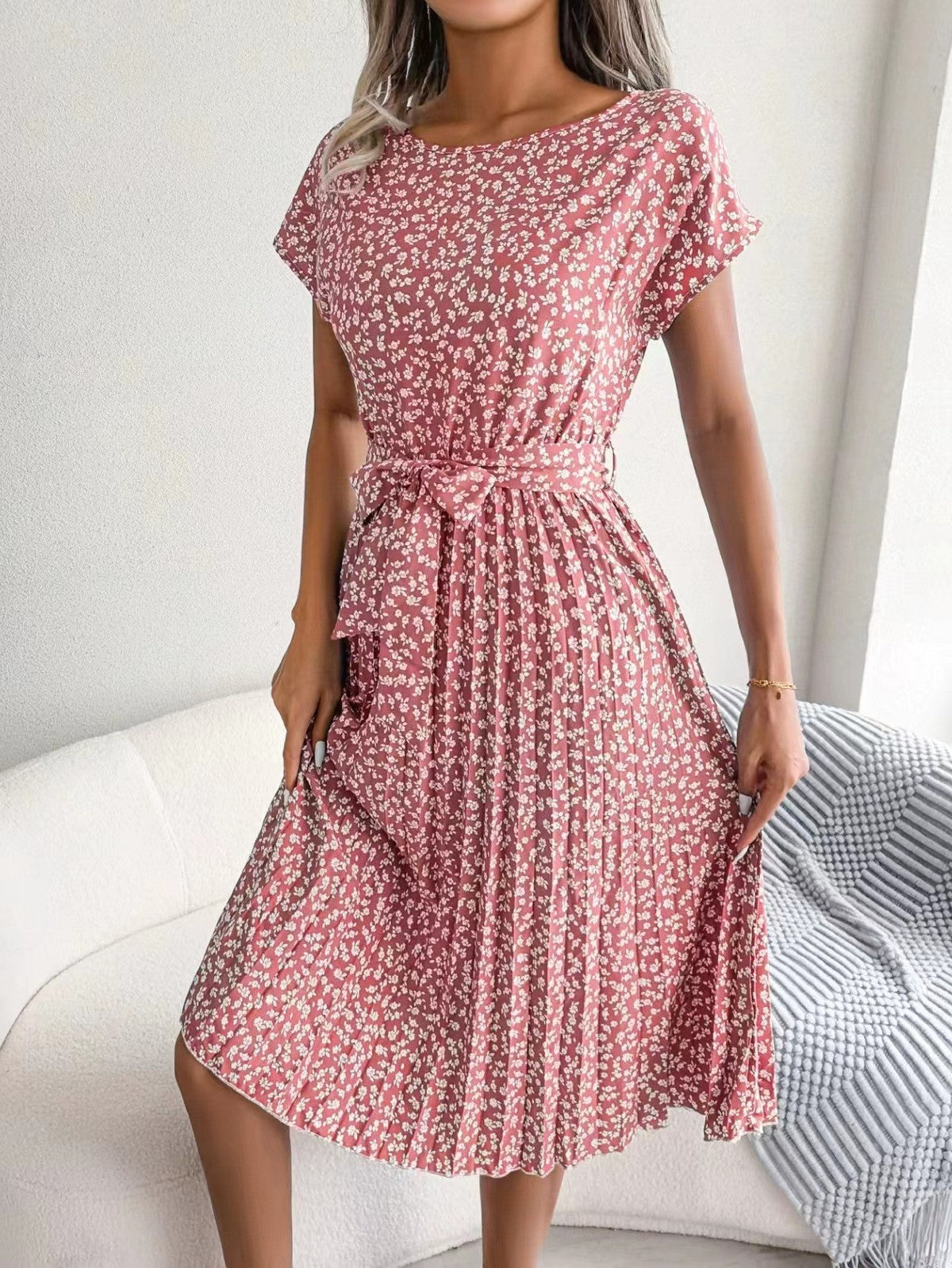 Women's Casual Floral Printed Bat Sleeve Pleated Lace-Up Midi Dress