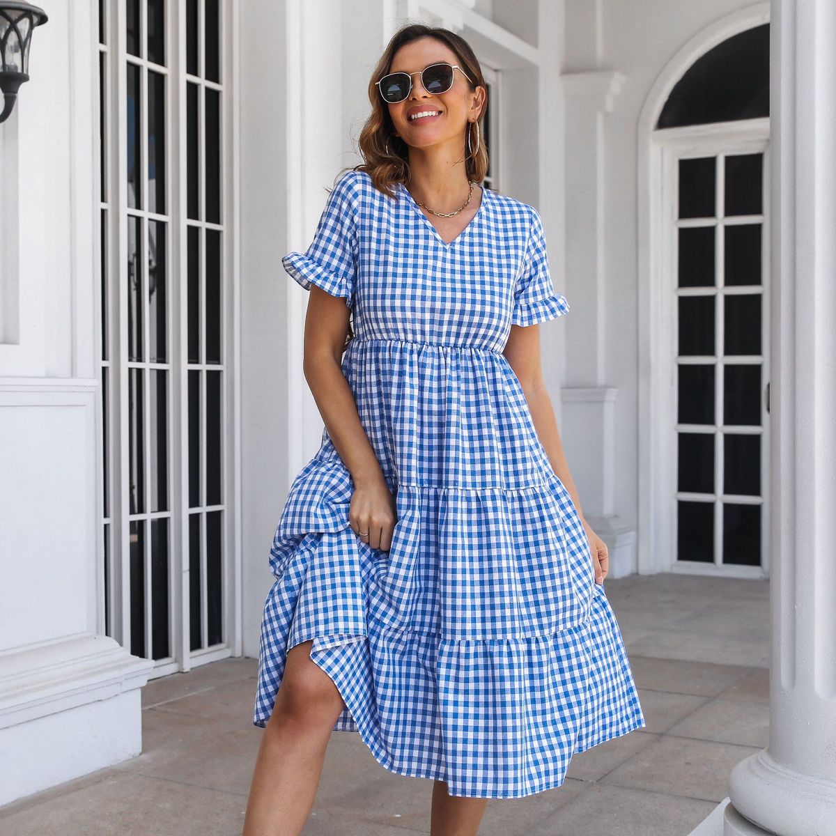 Women's Casual Plaid Printed V-Neck Short Sleeve Ruffled Large Swing Dress