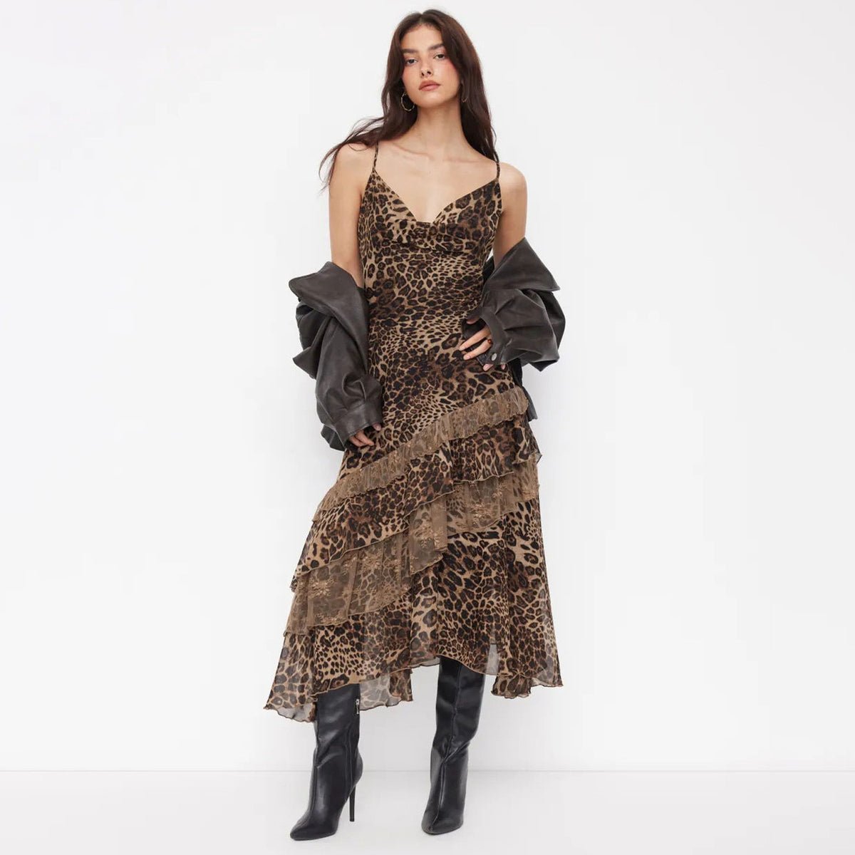 Women's Summer Leopard Mesh Perspective Ruffled Spaghetti Strap Backless Dress