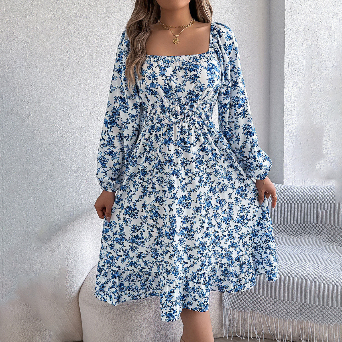 Women's Elegant Floral Printed Square Neck Long Sleeve Loose Dress
