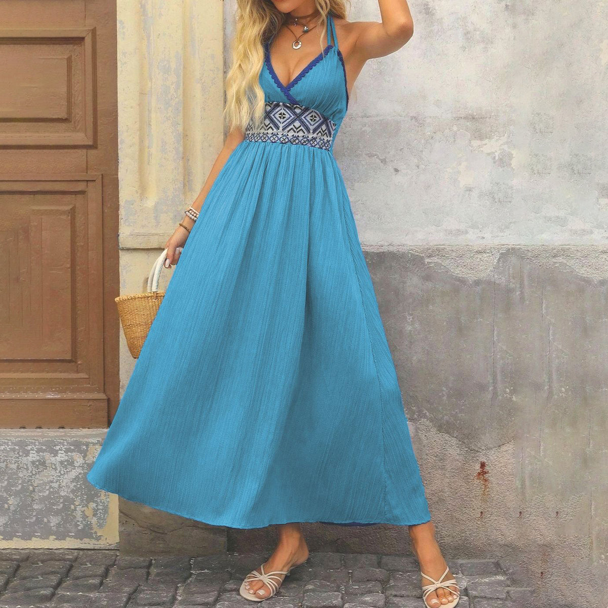 Women's Boho Vacation Geometric Jacquard V-Neck Spaghetti Strap Backless Dress