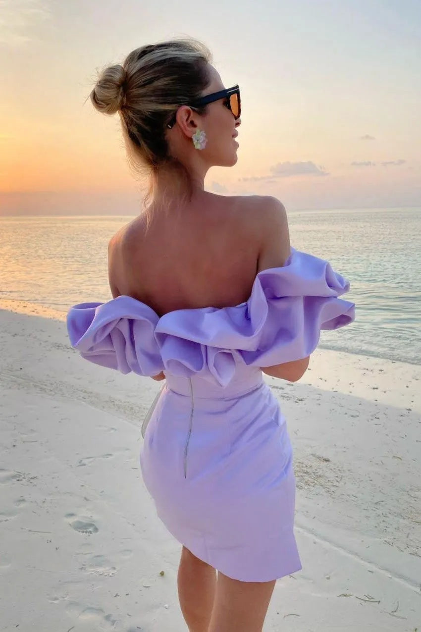 Women's Sexy Solid Color Off Shoulder Ruffled Slim Fit Dress