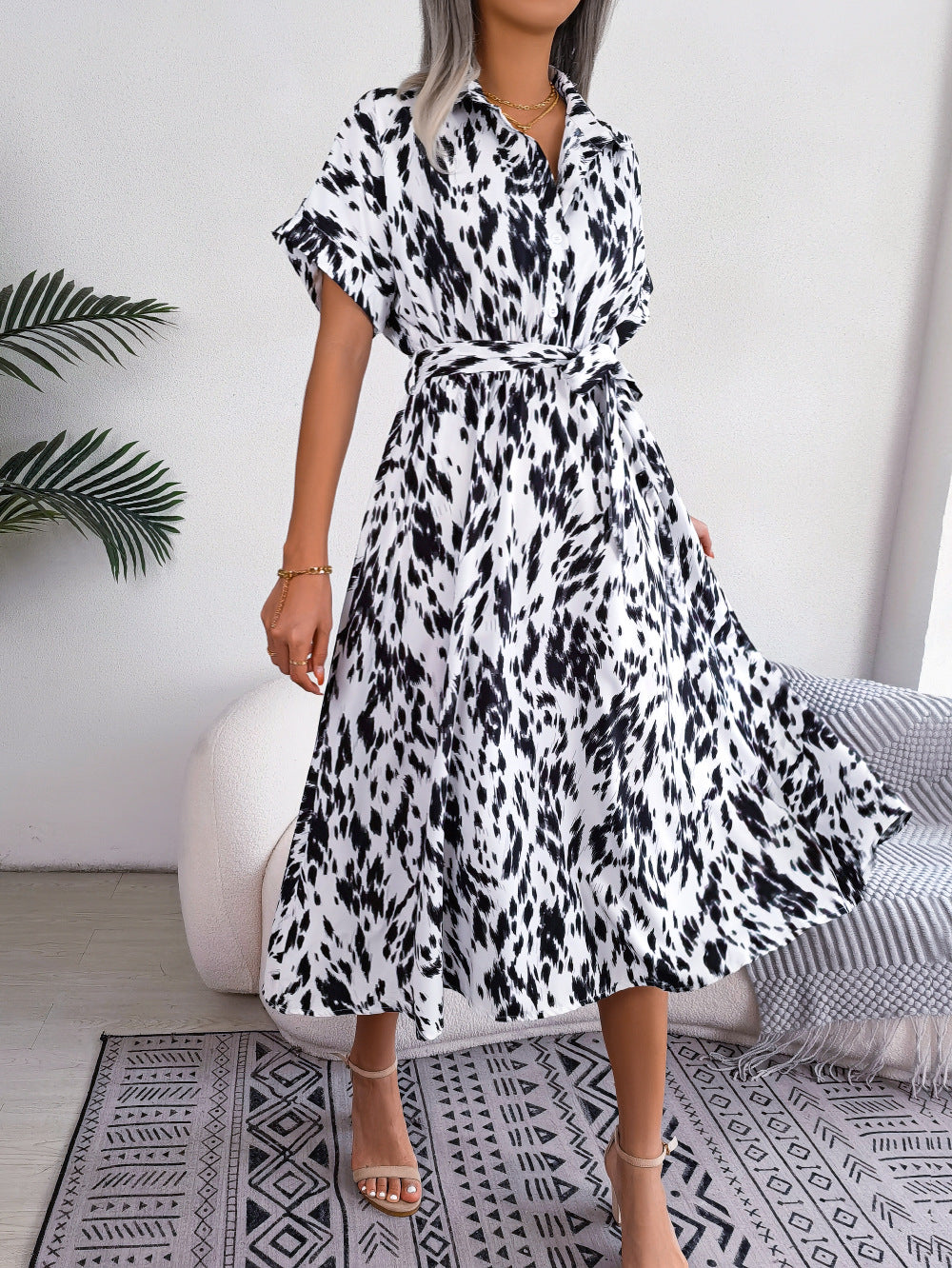 Women's Spring and Summer Casual Loose Leopard Lapel Shirt Midi Dress