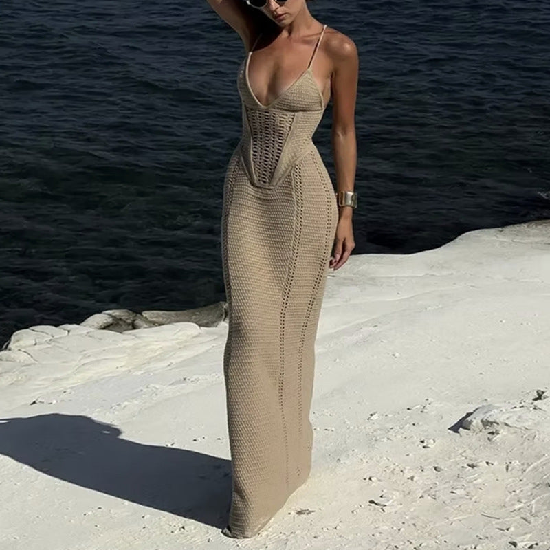 Women's Sexy Backless Hollow Knitted Dress, Solid Color