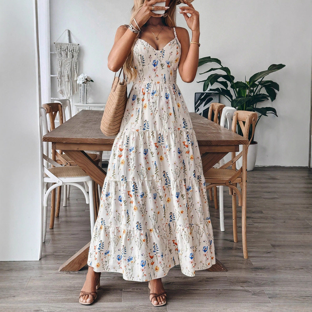 Women's Elegant Summer Boho Vacation Printed Spaghetti Strap Backless Dress