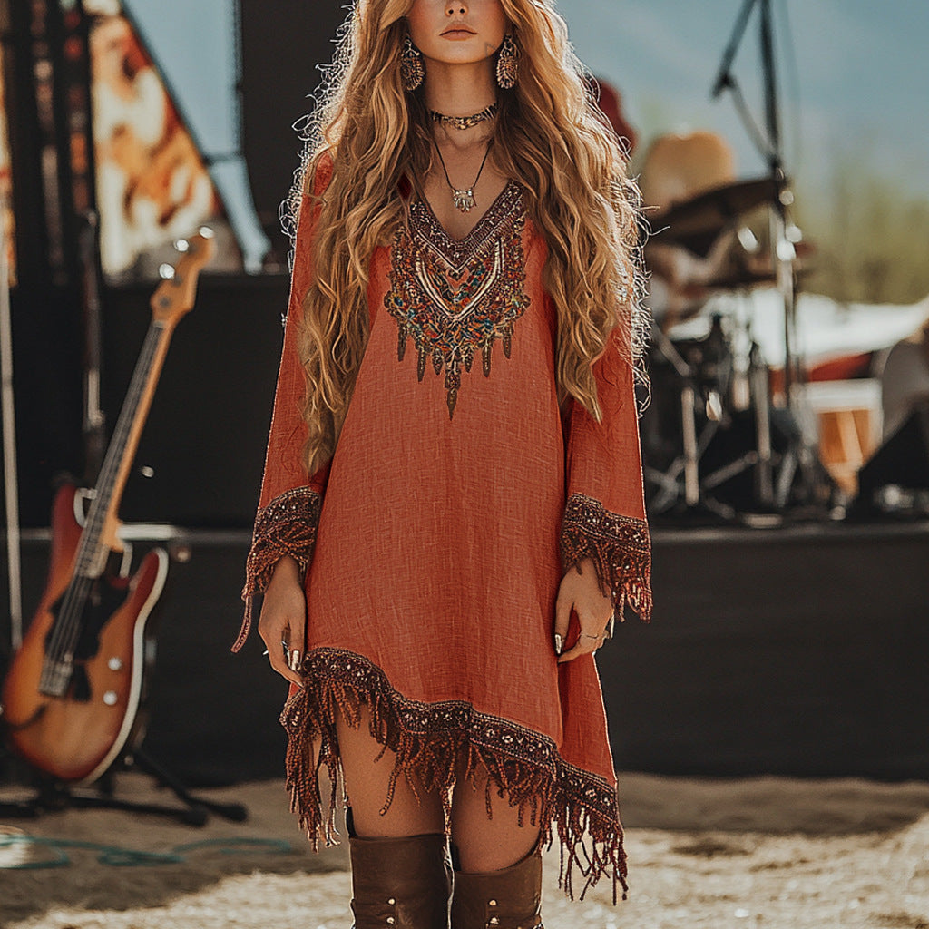 Women's Boho Printed Lace V-Neck Long Sleeve Loose Midi Dress