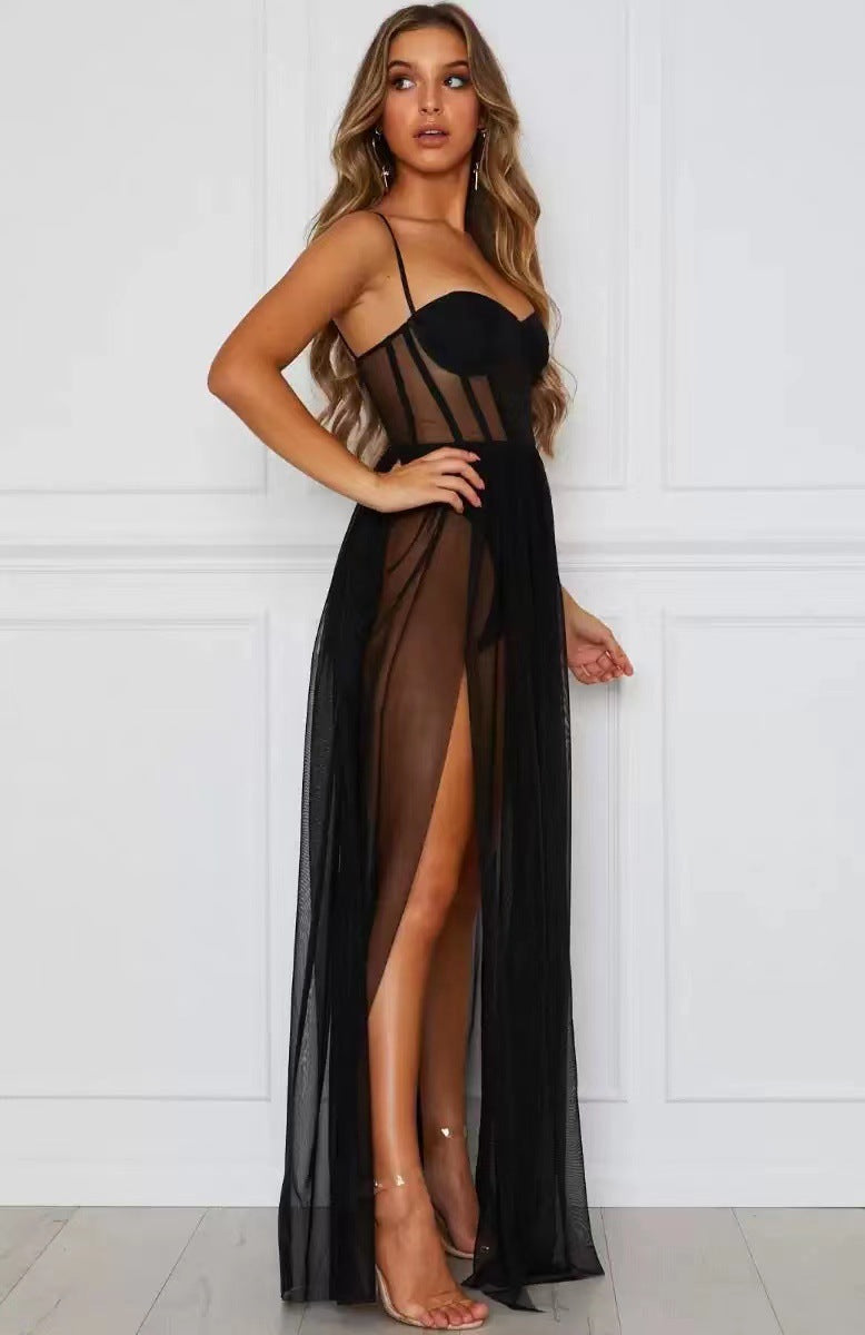 Women's Sexy Mesh Thin Strap Split Long Dress