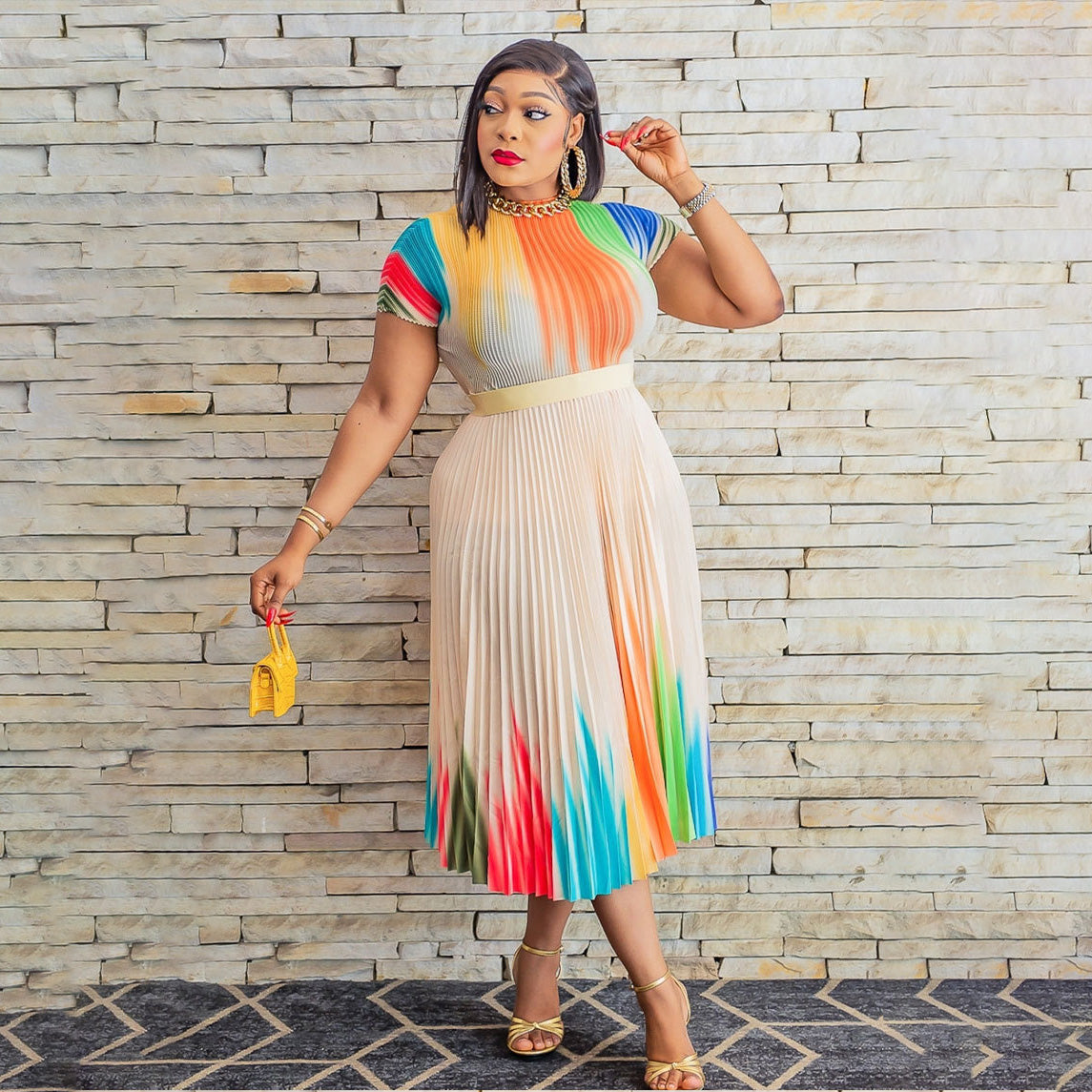 Women's Casual Abstract Printed Pleated Midi Dress, Short Sleeve