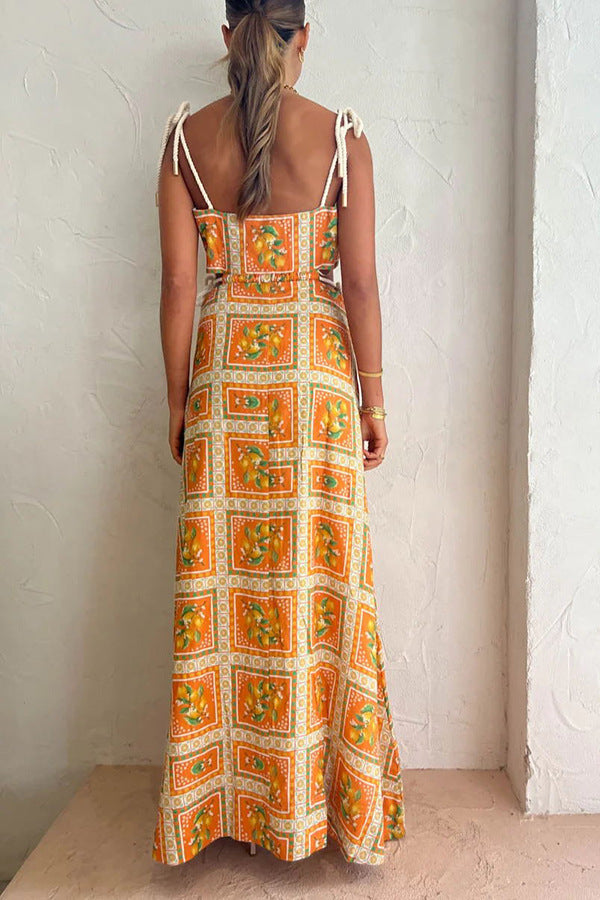 Women's Casual Vacation Printed Hollow-Out Spaghetti Strap Drawstring Dress