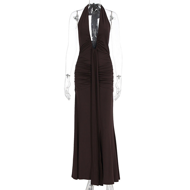 Women's Sexy Halter-Neck Backless Maxi Dress, Solid Color