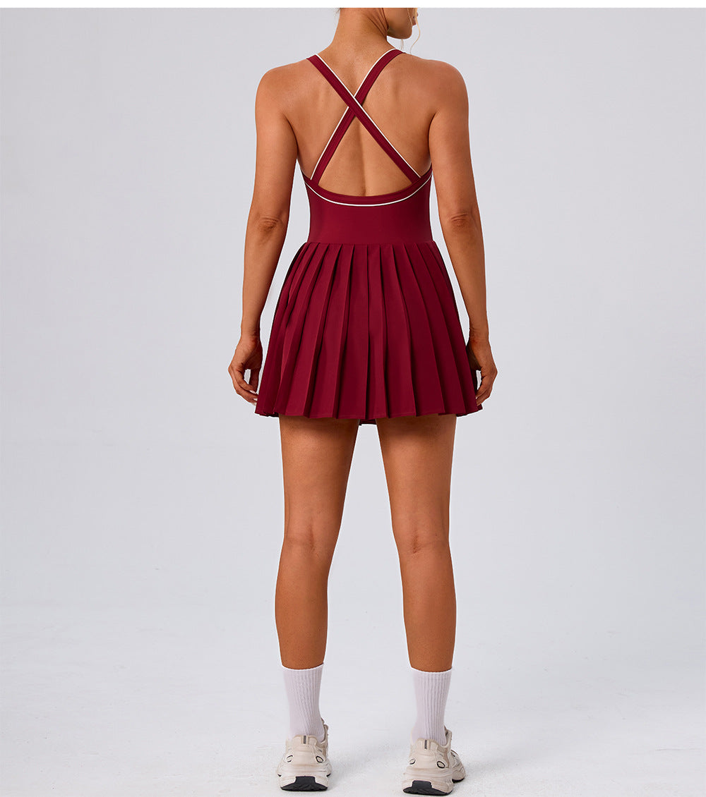 Women's Backless Contrast Color Pleated Quick-Drying Sports Dress