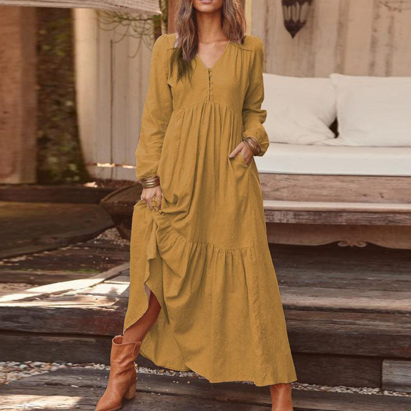 Women's Autumn Winter Cotton Linen Retro Casual Long Sleeve Loose Maxi Dress