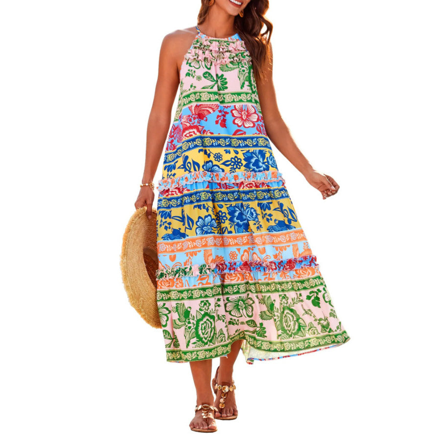 Women's Casual Vacation Printed Contrast Spaghetti Strap Sleeveless Loose Dress