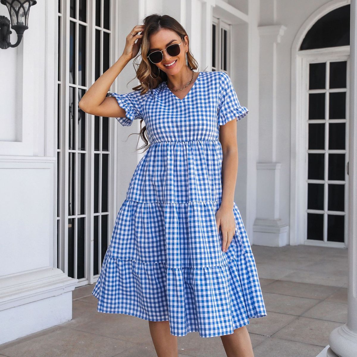Women's Casual Plaid Printed V-Neck Short Sleeve Ruffled Large Swing Dress
