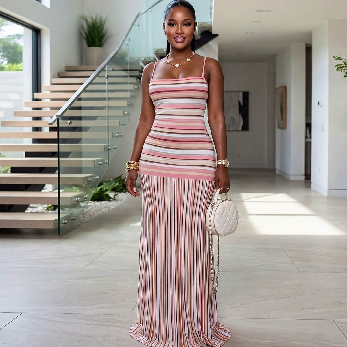 Women's Summer Vacation Stripe Print Sling Maxi Bodycon Dress
