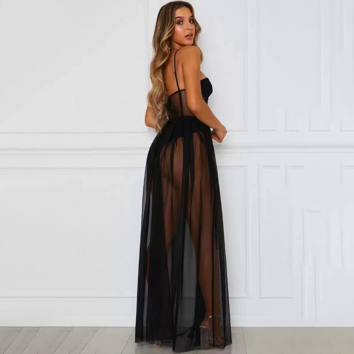 Women's Sexy Mesh Thin Strap Split Long Dress