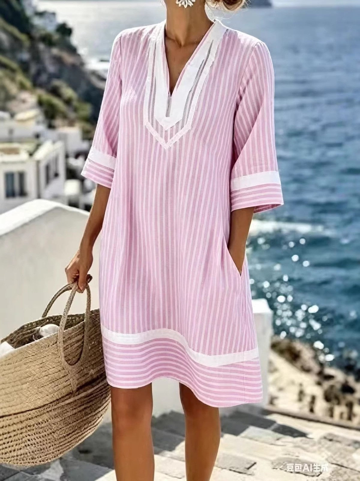 Women's Casual Vacation Printed V-Neck Short Sleeve Loose Dress