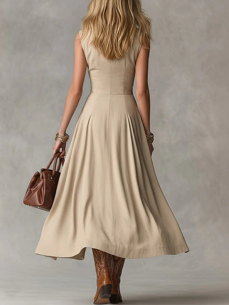 Women's Elegant Spring Solid Color Lapel Sleeveless A-Line Dress