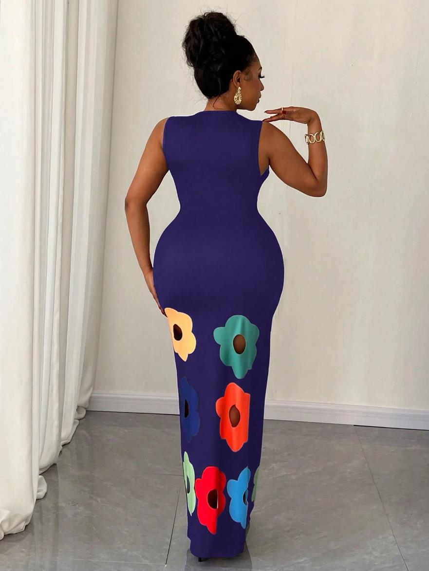 Women's Sexy Floral Printed Round Neck Sleeveless Hollow-Out Slim Fit Dress