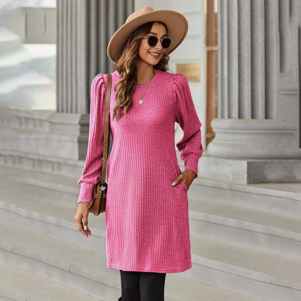 Women's Casual Autumn and Winter Sanding Pit Solid Color Puff Sleeve Loose Dress