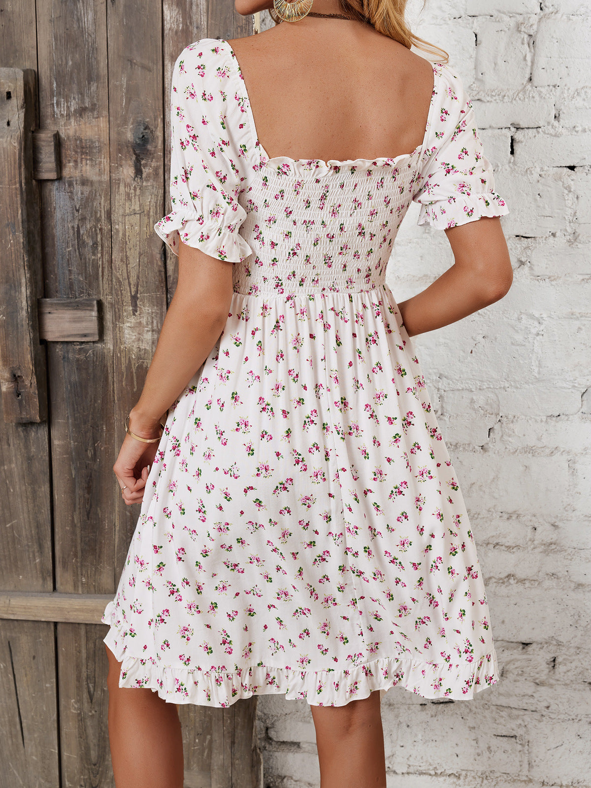 Women's Casual Floral Printed Square Collar Short Sleeve Ruffled Dress