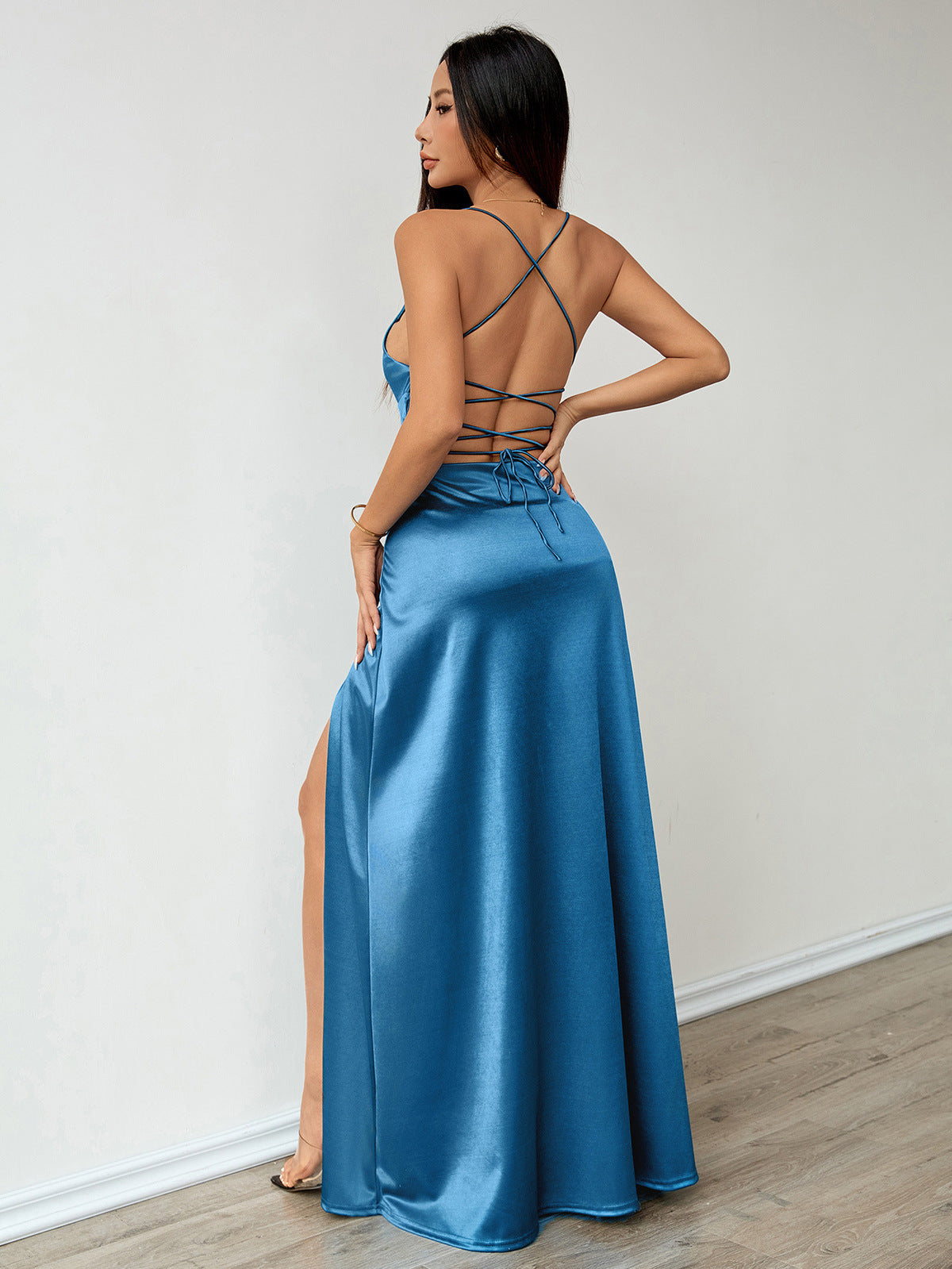 Women's Sexy Elegant Solid Color Satin Spaghetti Strap Split Dress