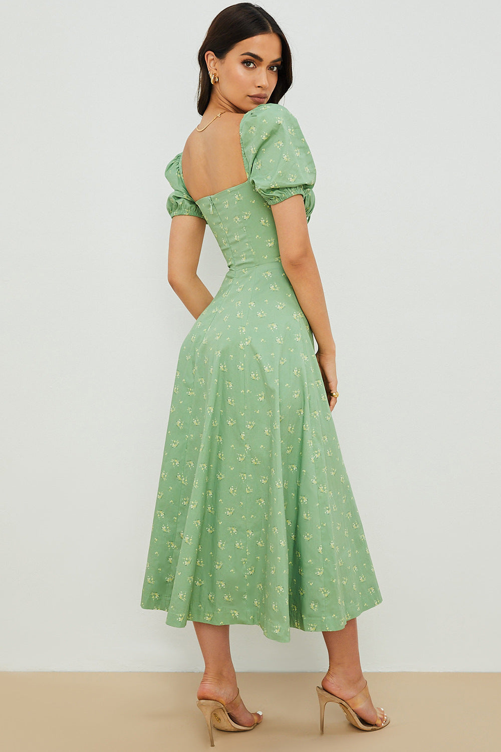 Women's Summer Solid Color Flower Printed Puff Sleeve Lace-Up Split a Line Dress