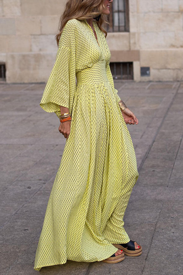 Women's Casual Geometric Pattern V-Neck Long Sleeve Loose Maxi Dress