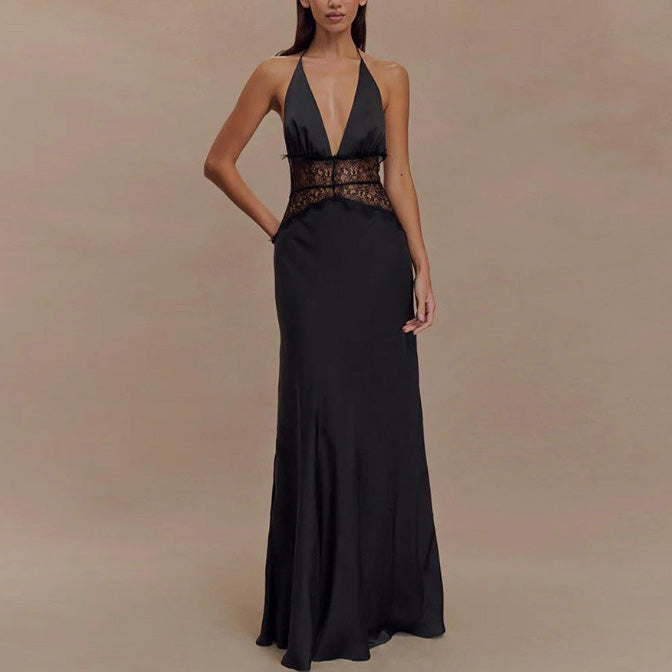 Women's Sexy Silk Satin Lace Stitching Halter-Neck Lace-Up Dress